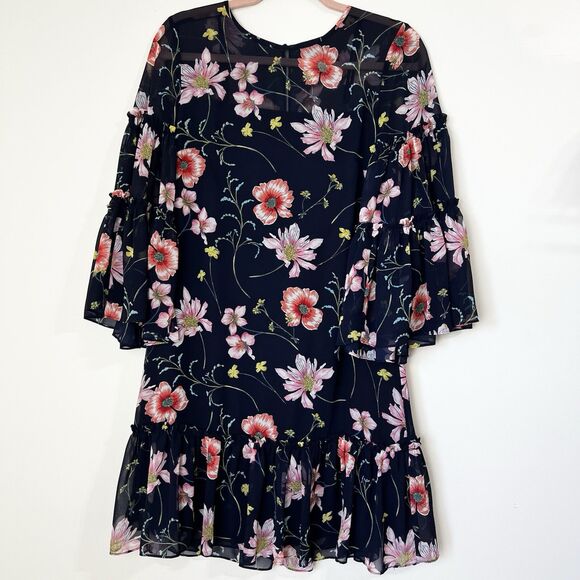 Eliza J Navy Pink Floral Dress Oversized Ruffle Flare Sleeves Women’s 4 - Picture 2 of 13